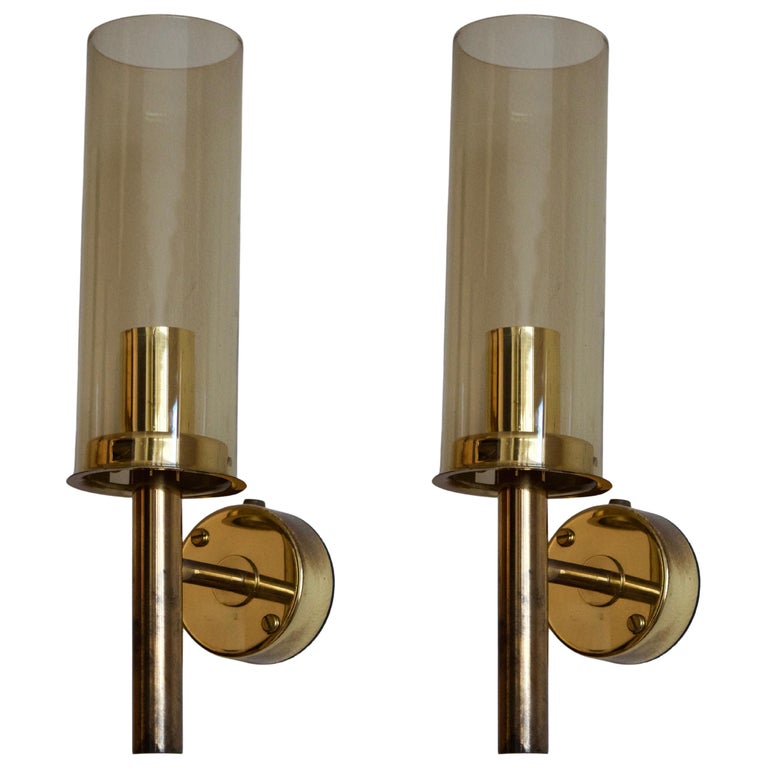 Hans-Agne Jakobsson, Wall Lights, Brass, Smoked Glass, Sweden, c. 1960s For Sale