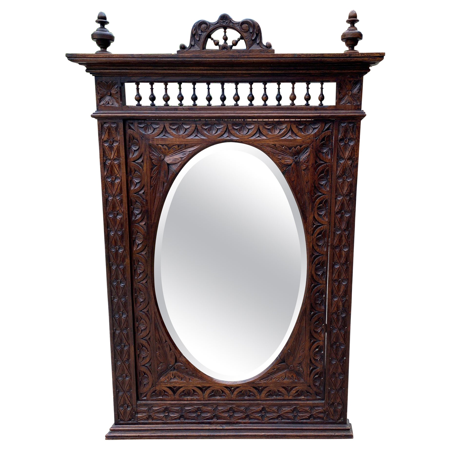 Antique French Mirror Breton Brittany Carved Oak Beveled Oval Large 19C