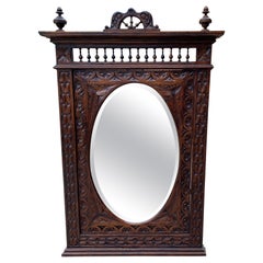 Antique French Mirror Breton Brittany Carved Oak Beveled Oval Large 19C