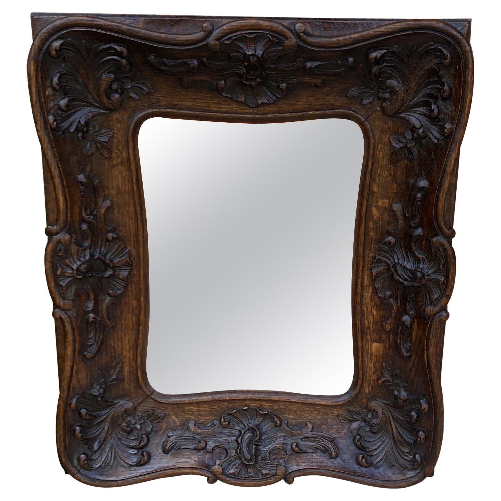 Antique French Rococo Mirror Carved Oak Wood Back Framed Wall Mirror 1920s