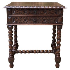 Antique French End Table Silver Chest Barley Twist Nightstand 2 Drawers Oak 19 C