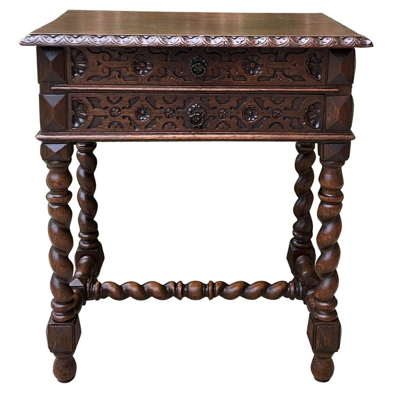Antique French End Table Silver Chest Barley Twist Nightstand 2 Drawers Oak 19 C at 1stDibs