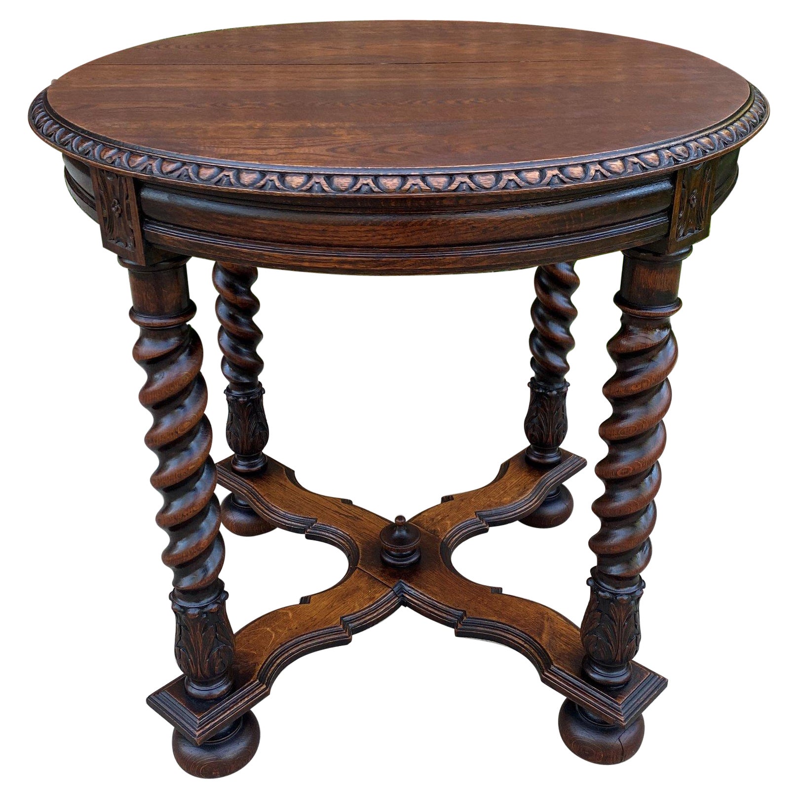 Antique English Round Table End Occasional Table Barley Twist Oak, 1930s