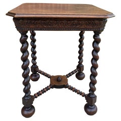 Antique French Side End Table Barley Twist Legs Canted Corners Oak Square Top