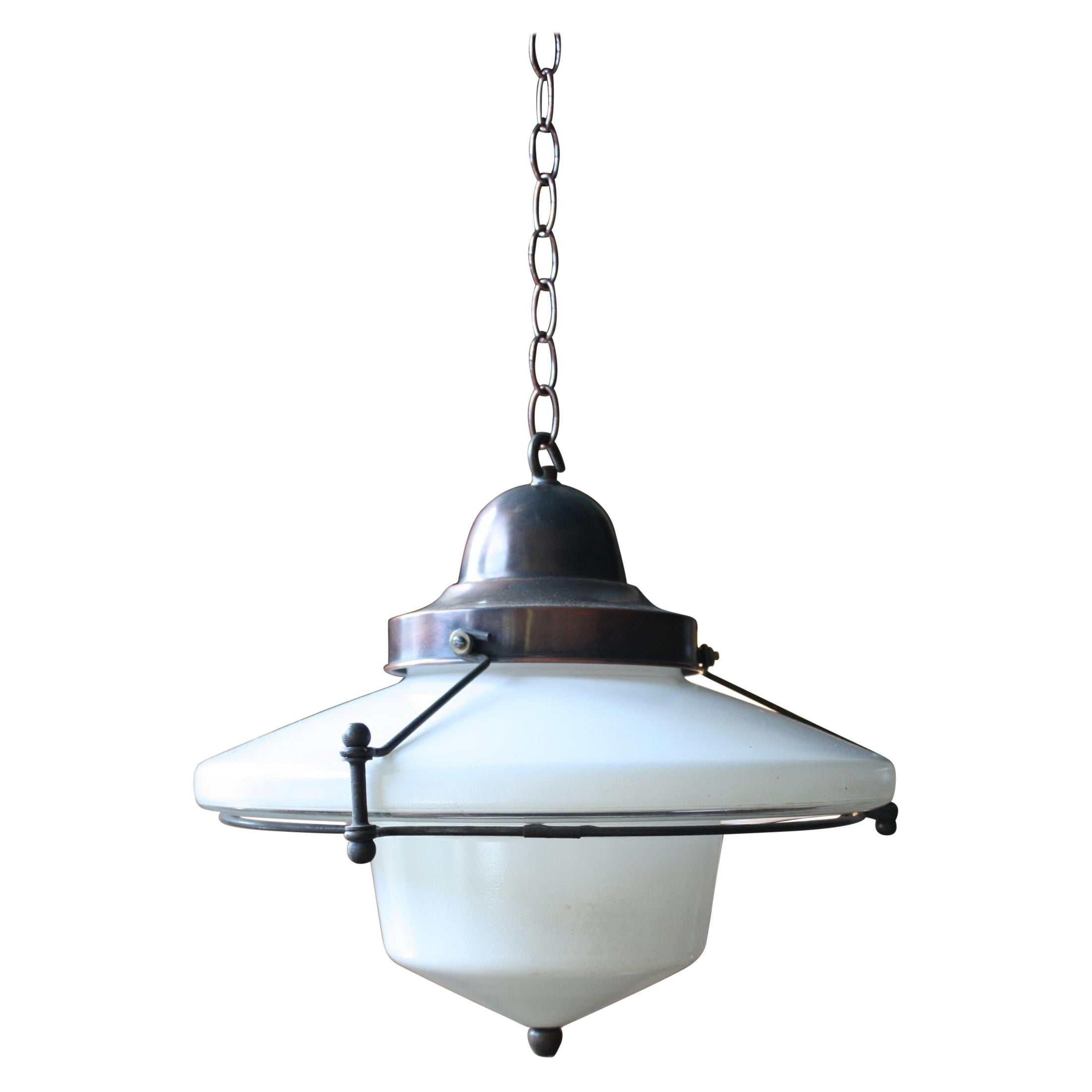 Mid C Brass Steel Opaline Glass Flying Saucer Pendants Lights Four