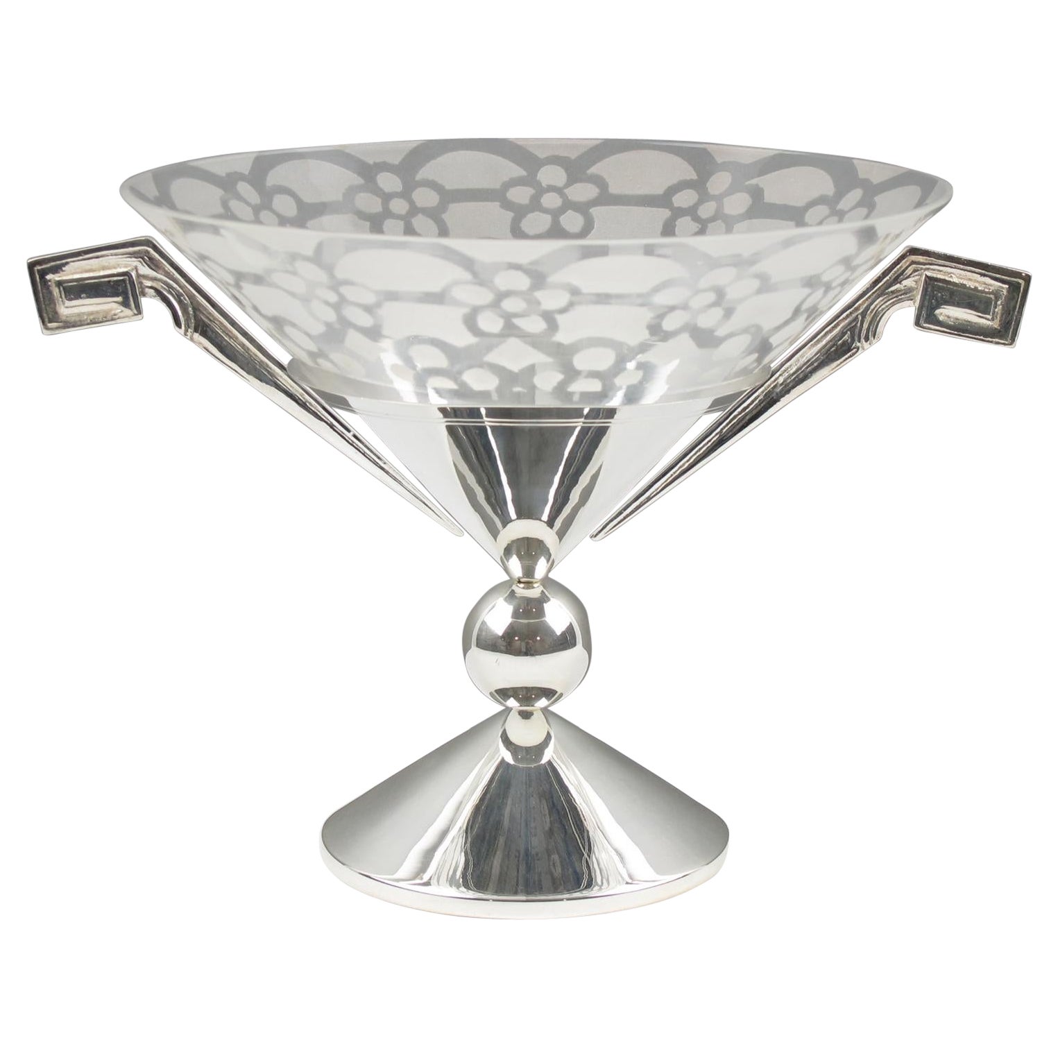 Art Deco Centerpiece Bowl in Smoked Glass with Silver Plate Base at 1stDibs
