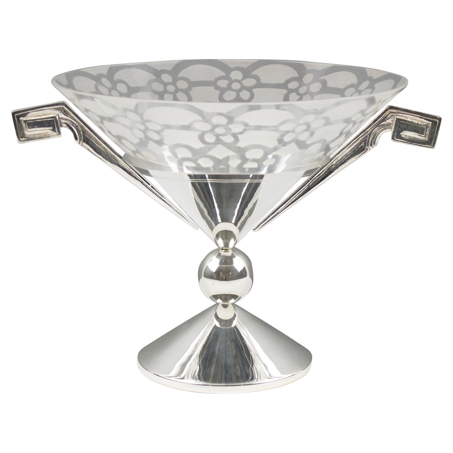 French Art Deco Silver Plate and Etched Glass Centerpiece Bowl For Sale