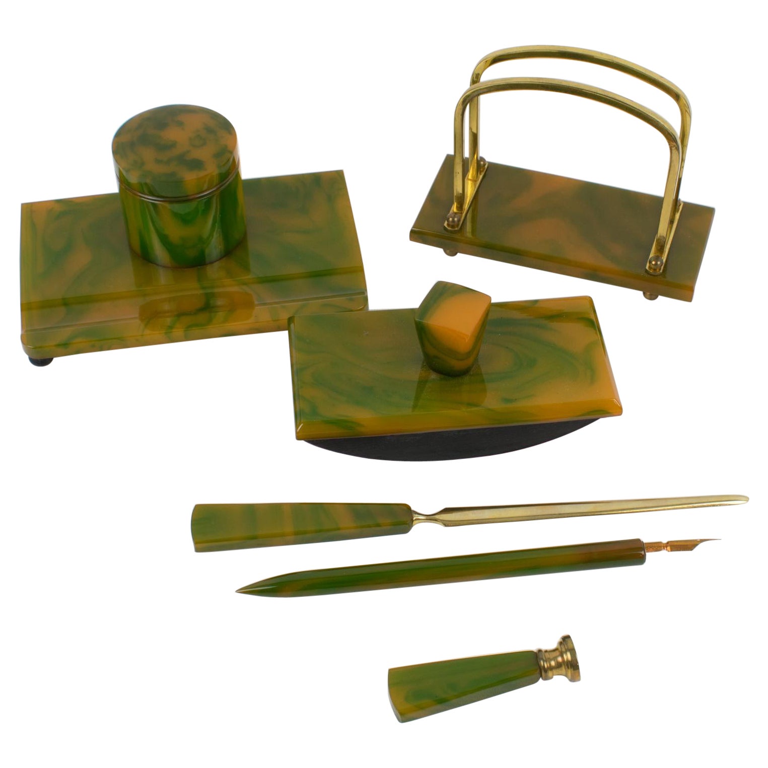 French Art Deco Green Catalin Bakelite Desk Set, 6 pieces