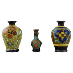 Gouda, Holland, Three Miniature Vases in Hand-Painted Ceramics, Mid-20th C