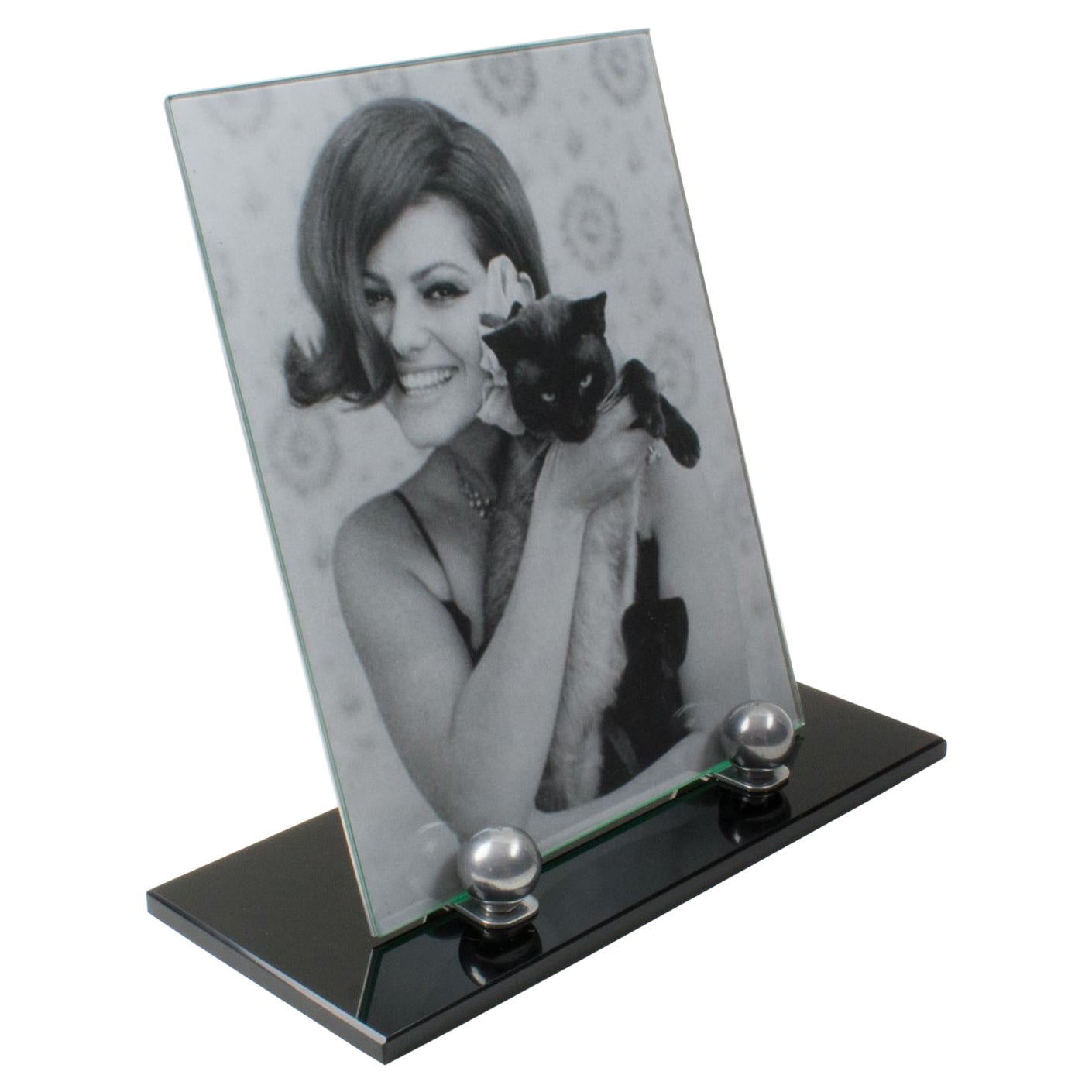 Art Deco Black Opaline Glass and Aluminum Picture Frame, 1930s