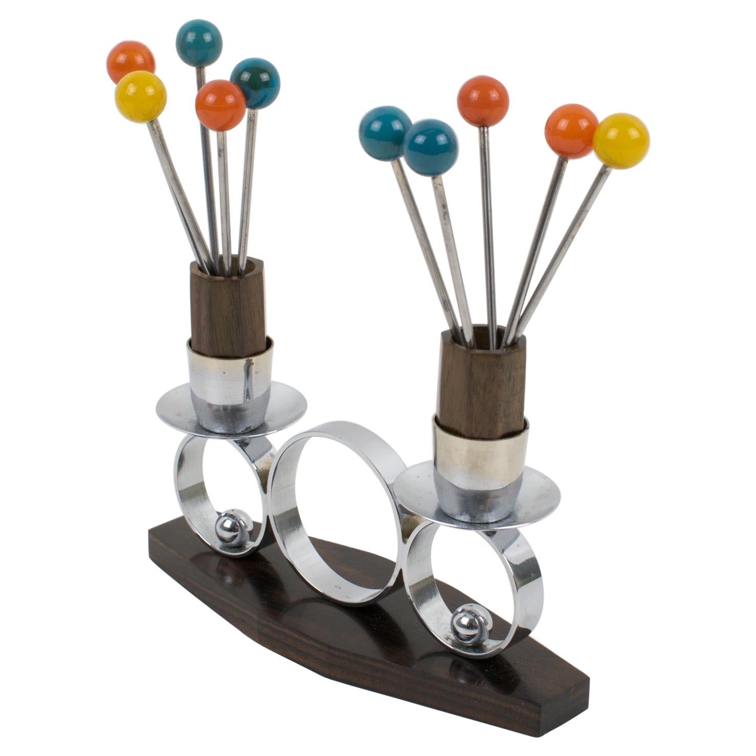 French Art Deco Chrome and Macassar Wood Cocktail Picks "Lady at the