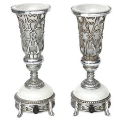 Antique Pair Art Deco Pierced Chrome and White Milk Glass Romantic Table Lamps