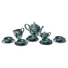 Art Nouveau Silver Overlay Green Porcelain Teapot Tea Service for Five
