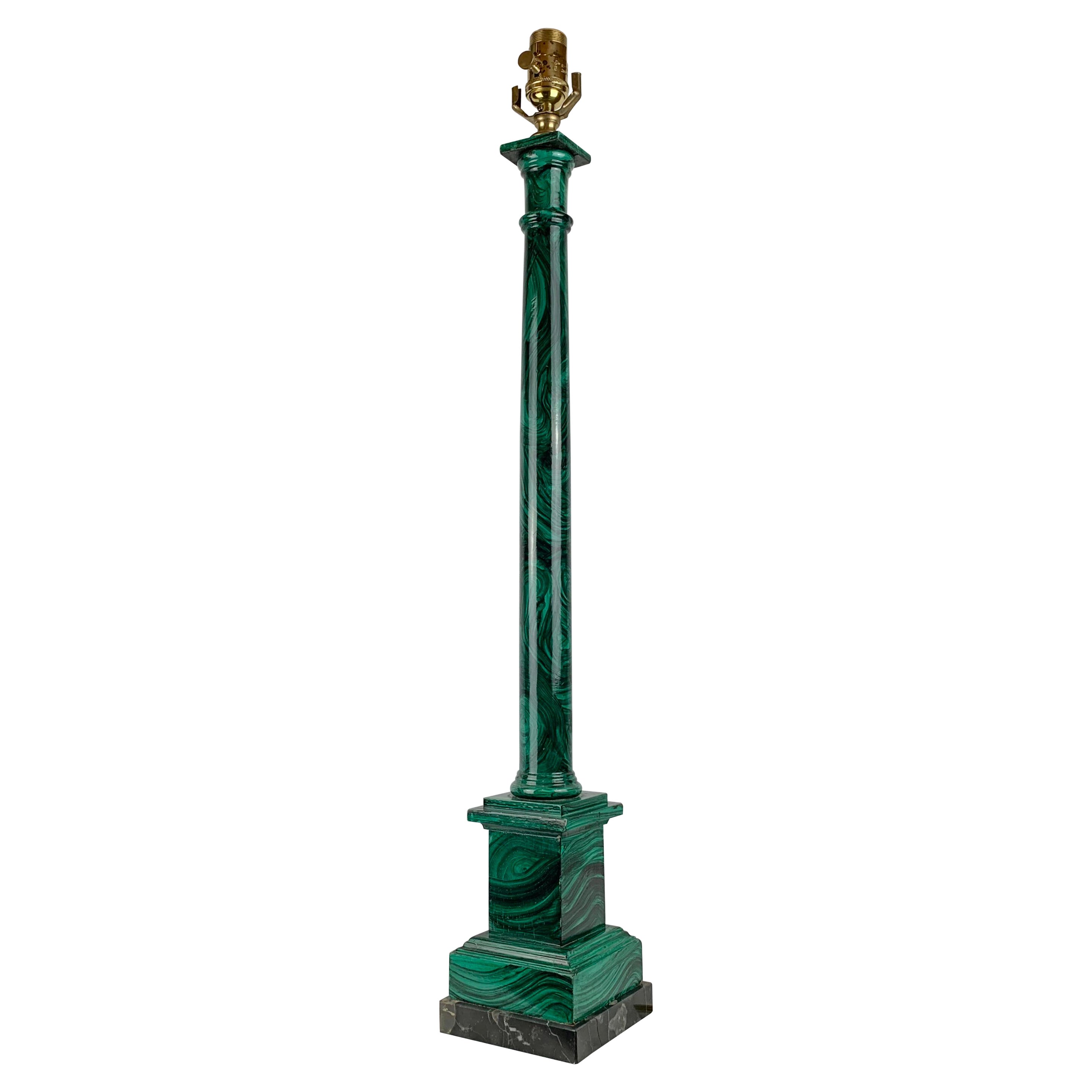 Hand Painted Faux Malachite Neoclassical Table Lamp-Wood with Marble Base