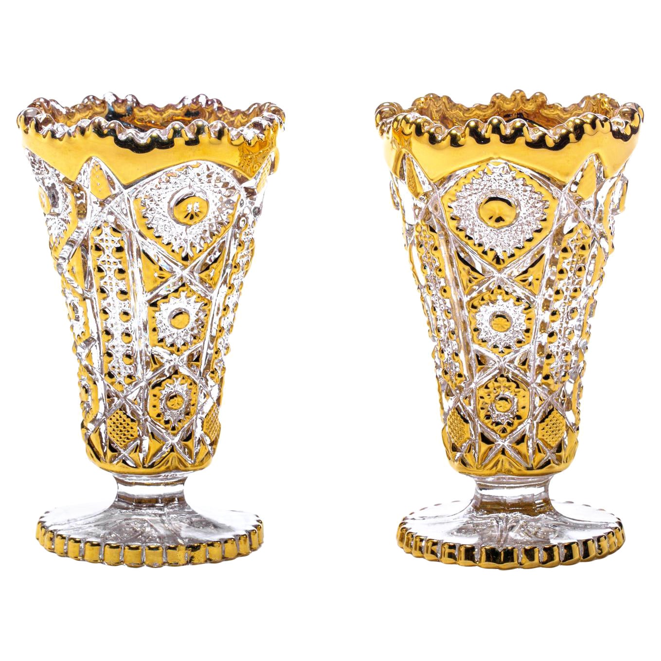 Pair of Hollywood Regency 22k Gold Painted Vases by Imperial Glass Co. c. 1965
