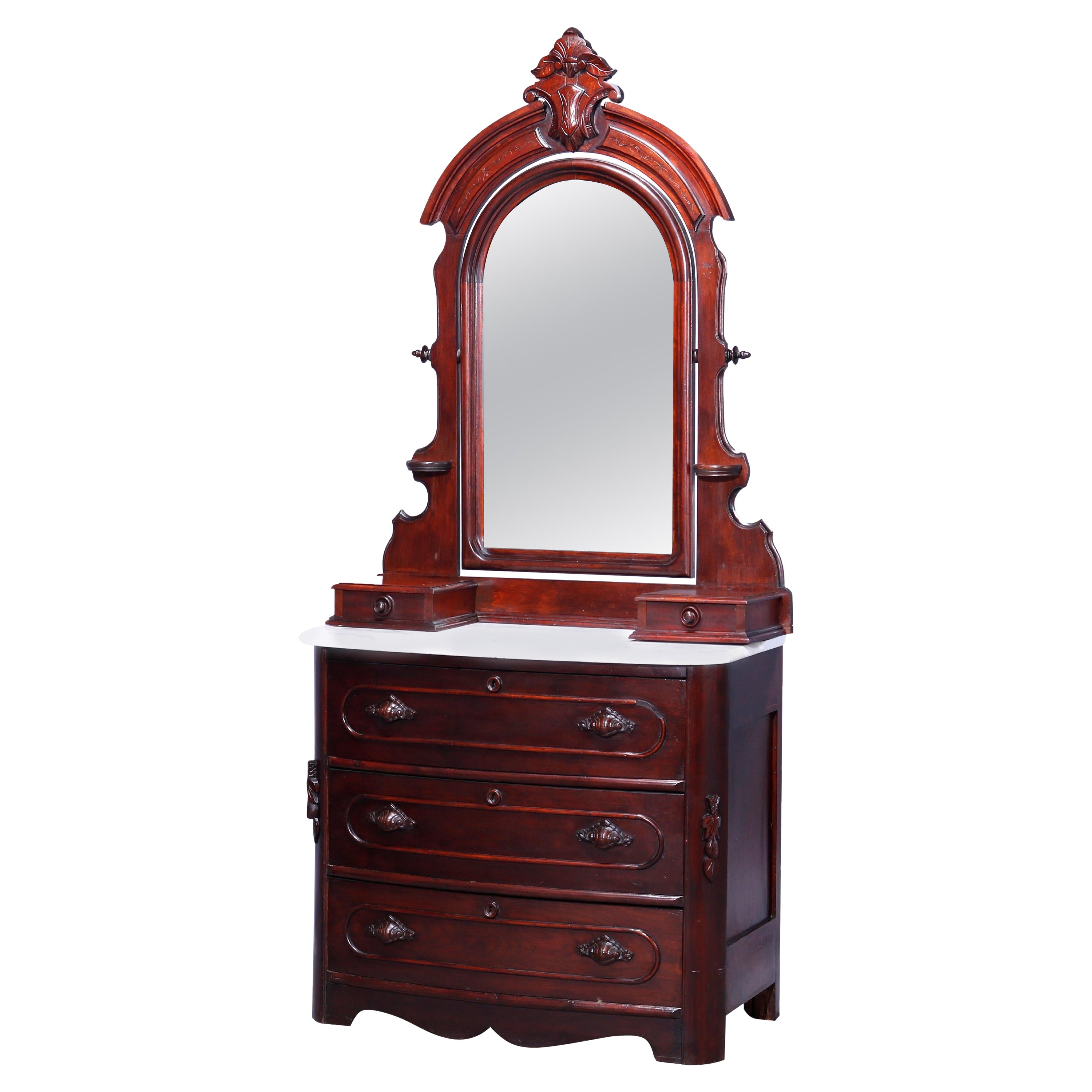 Antique Renaissance Revival Walnut Marble Dresser Carved Pulls c1890 For Sale