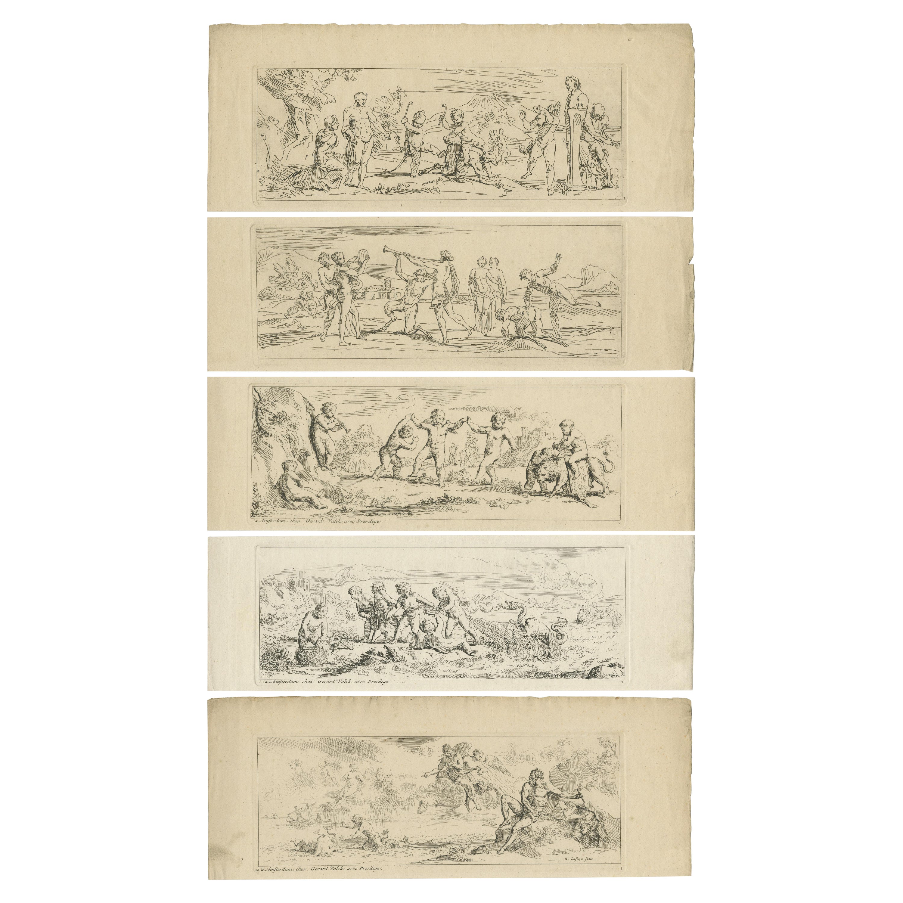 Ensemble de 5 estampes anciennes de différents personnages de De La Fage, vers 1698 en vente