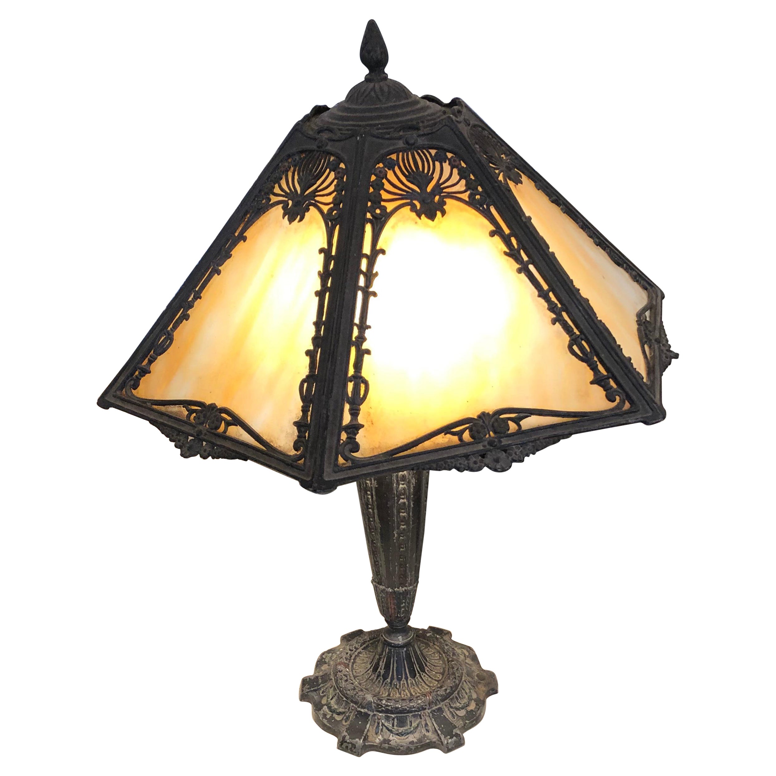 Beautiful Tiffany Style Cast Iron and Art Glass Table Lamp