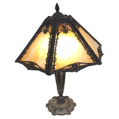 Vintage Beautiful Tiffany Style Cast Iron and Art Glass Table Lamp