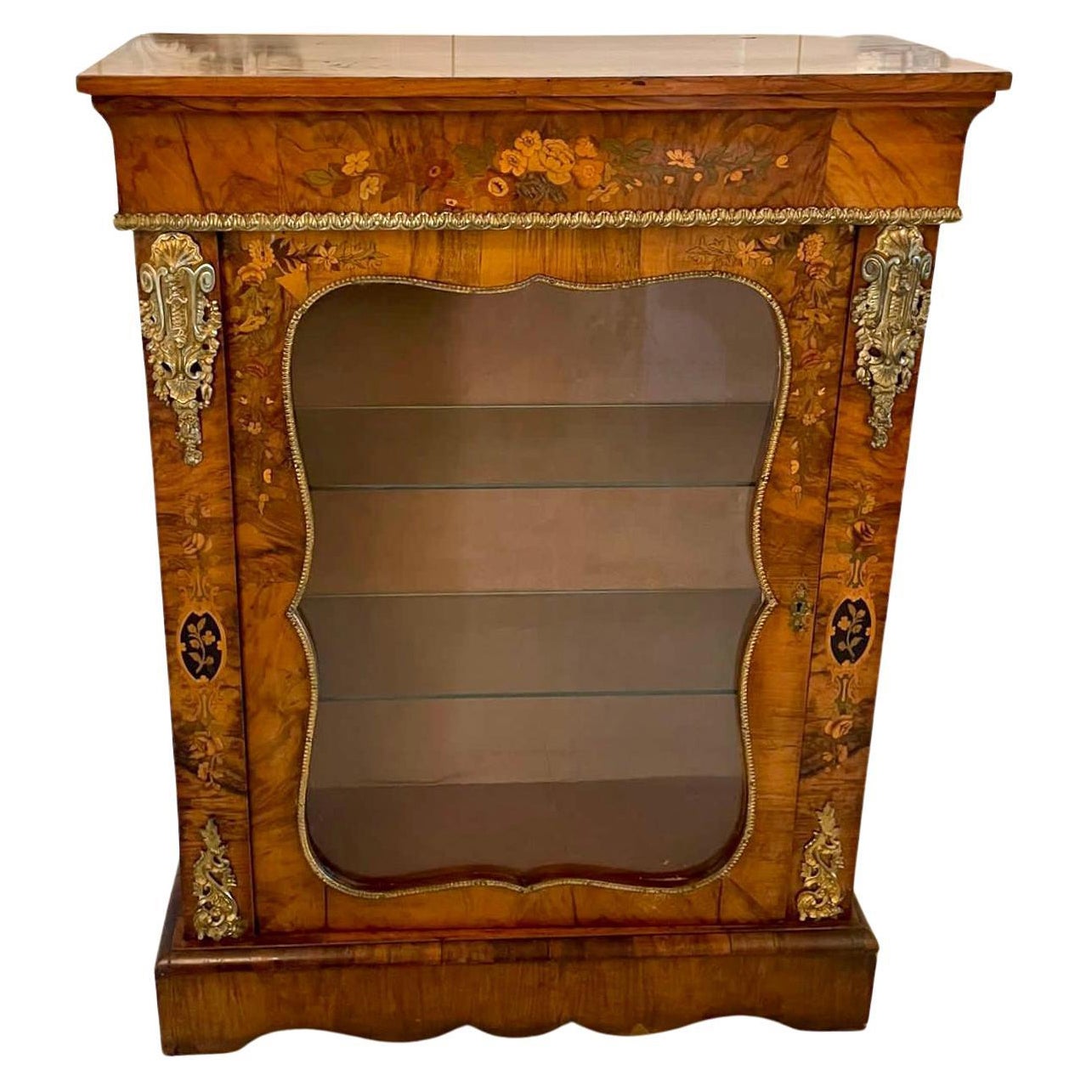 Fine Quality Antique Victorian Burr Walnut Floral Marquetry Inlaid Display Cabin For Sale