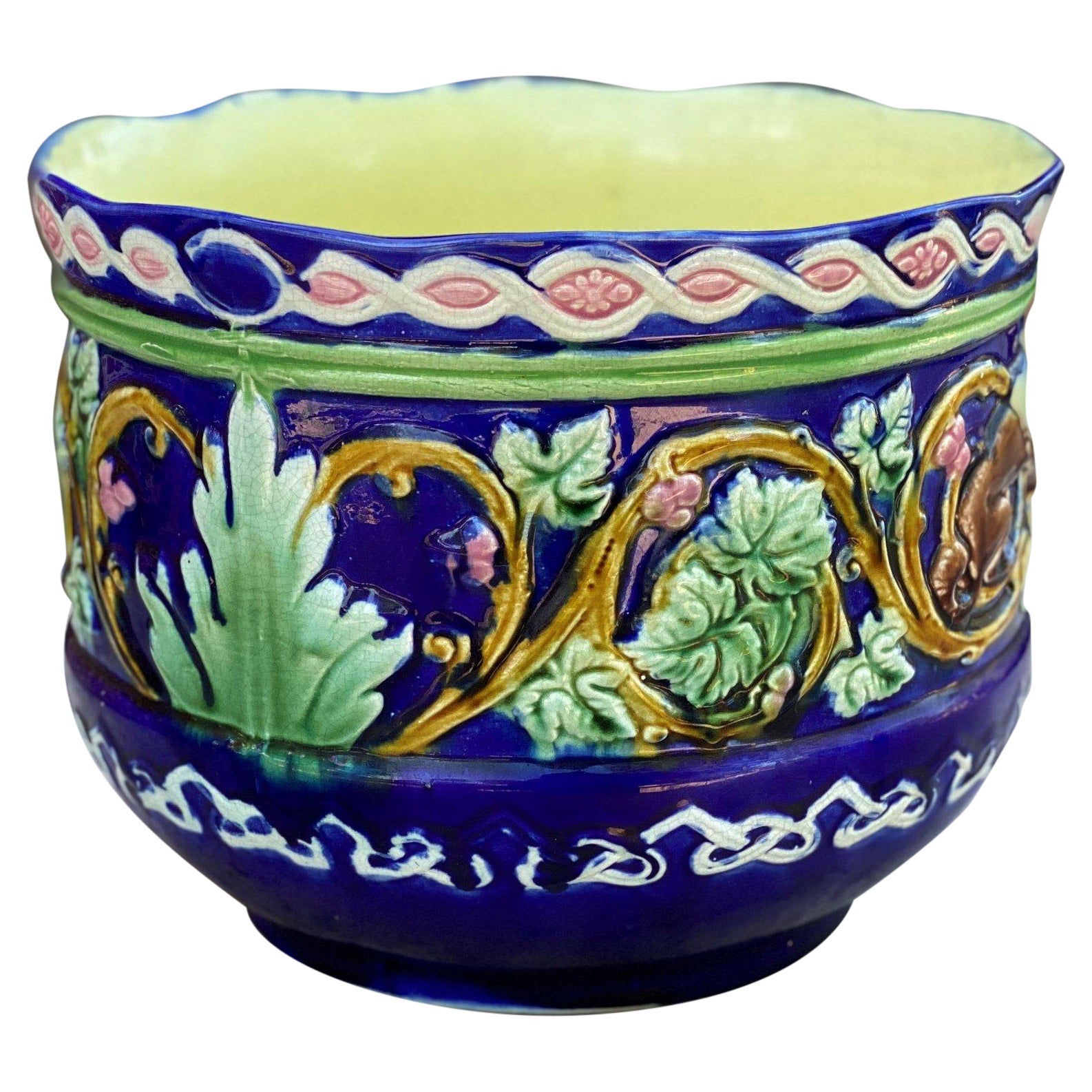 Antique French Majolica Planter Cache Pot Jardiniere Vase Bowl Blue Floral  Large For Sale at 1stDibs