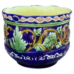 Antique French Majolica Planter Cache Pot Jardiniere Vase Bowl Blue Floral Large
