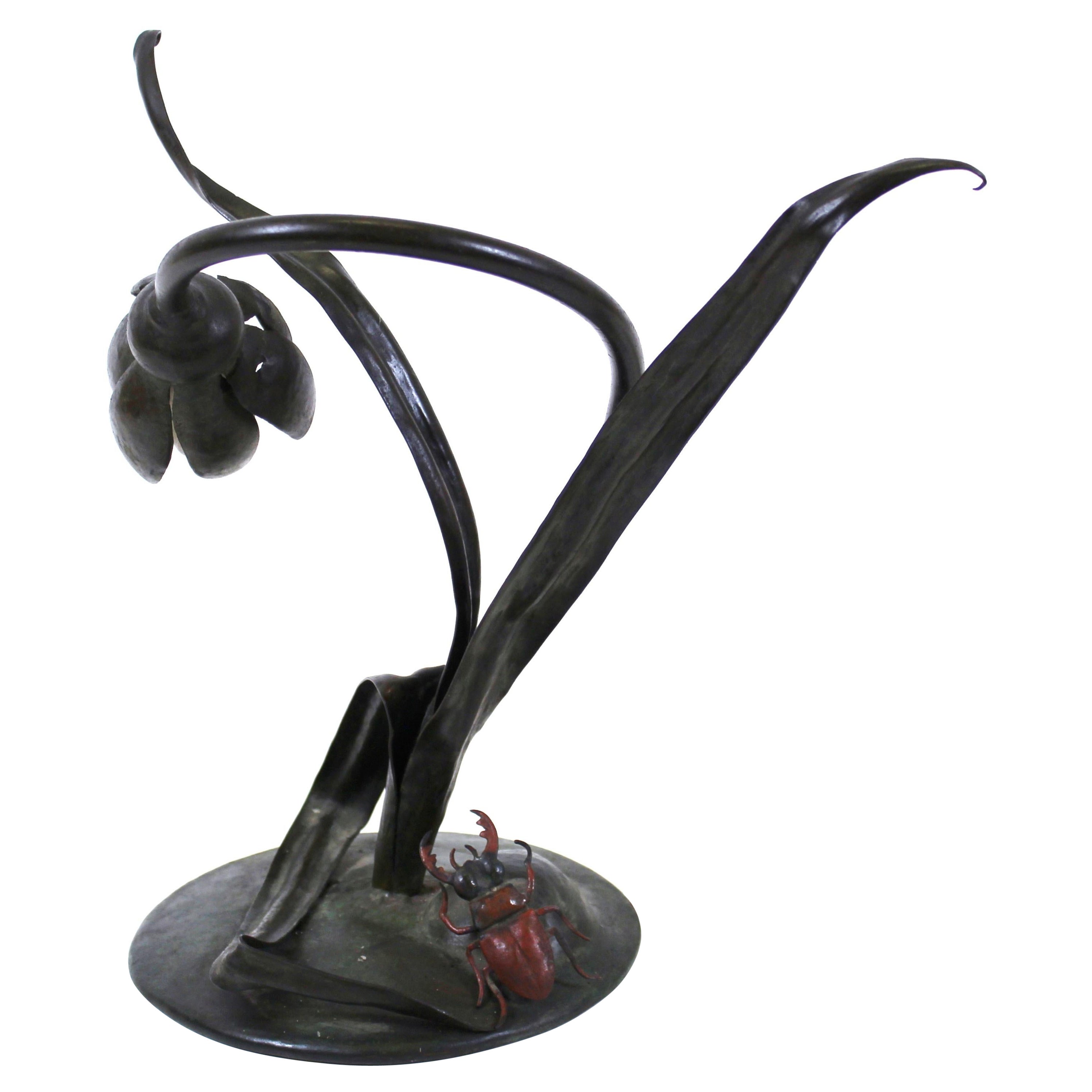 Japanese Art Nouveau Floral Table Lamp with Beetle Light Switch