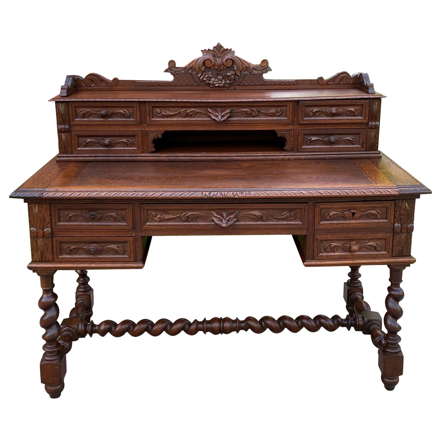 Antique French Desk Office Library Desk Renaissance Revival Barley Twist Oak 19C