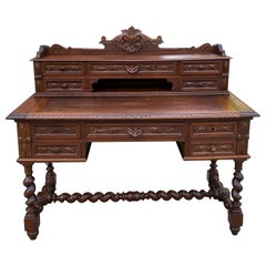 Antique French Desk Office Library Desk Renaissance Revival Barley Twist Oak 19C