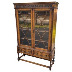 Vintage English Bookcase Jacobean Display Cabinet Barley Twist Tiger Oak c.1930s