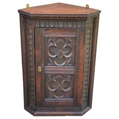 Antique English Corner Cabinet Carved Oak Hanging Wall Cabinet Large Storage 19C