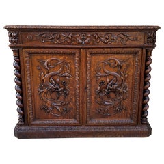 Antique French Corner Cabinet Sideboard w Drawer Barley Twist Renaissance Oak