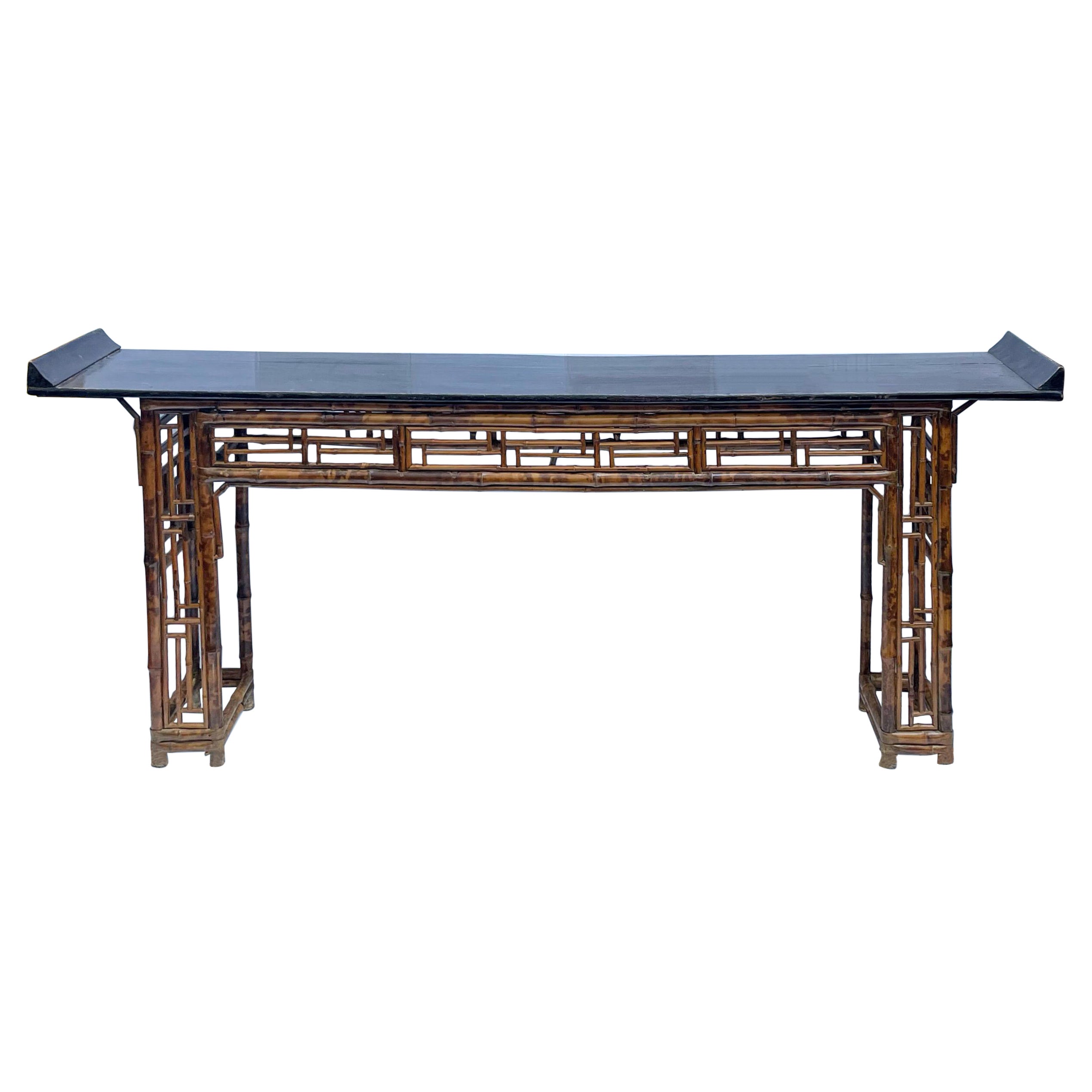Antique Chinese Burnt Bamboo Alter Table with Chinese Chippendale Styling