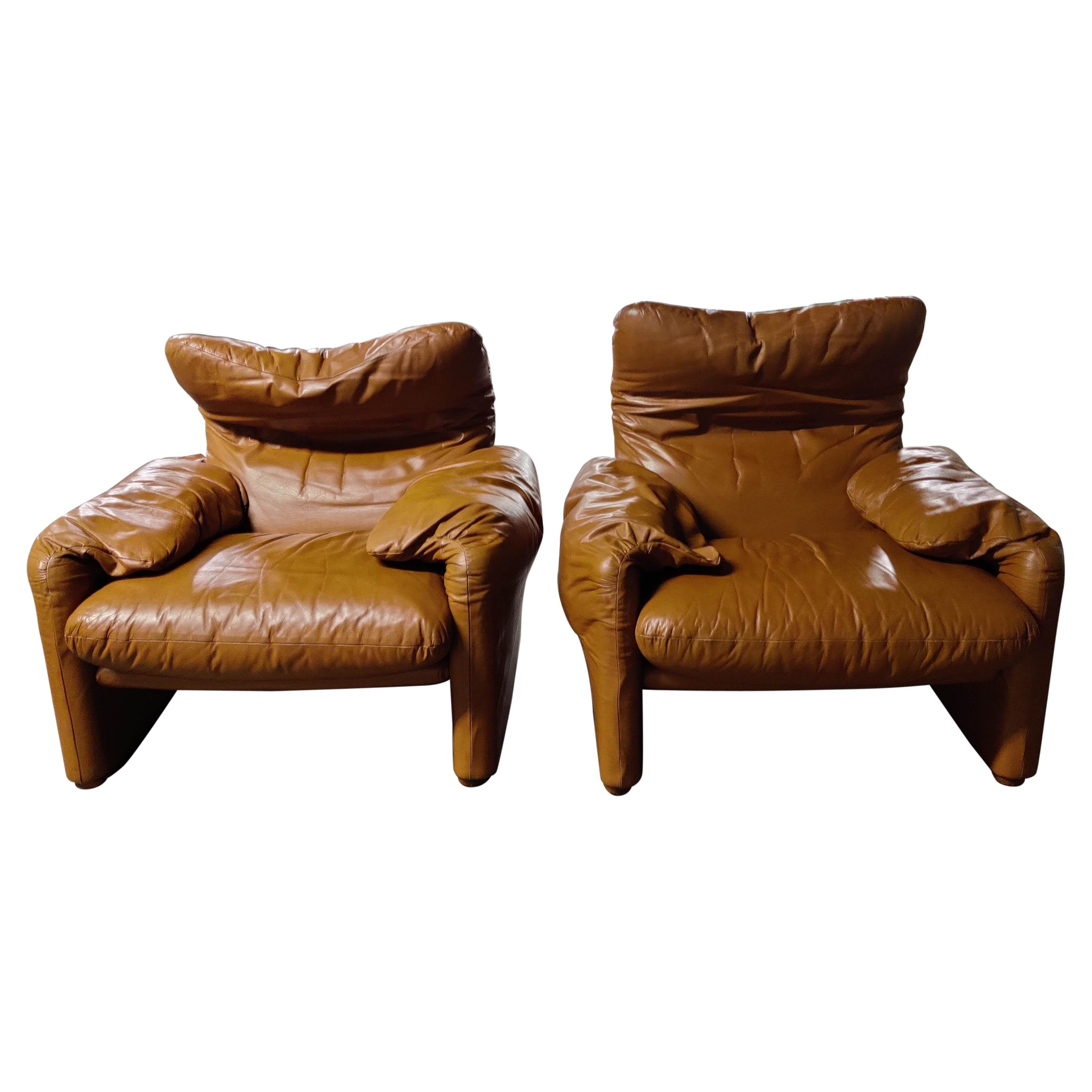 Leather Maralunga Armchairs by Vico Magistretti for Cassina, 1973, Set of 2