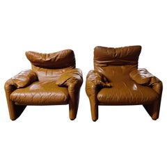 Leather Maralunga Armchairs by Vico Magistretti for Cassina, 1973, Set of 2