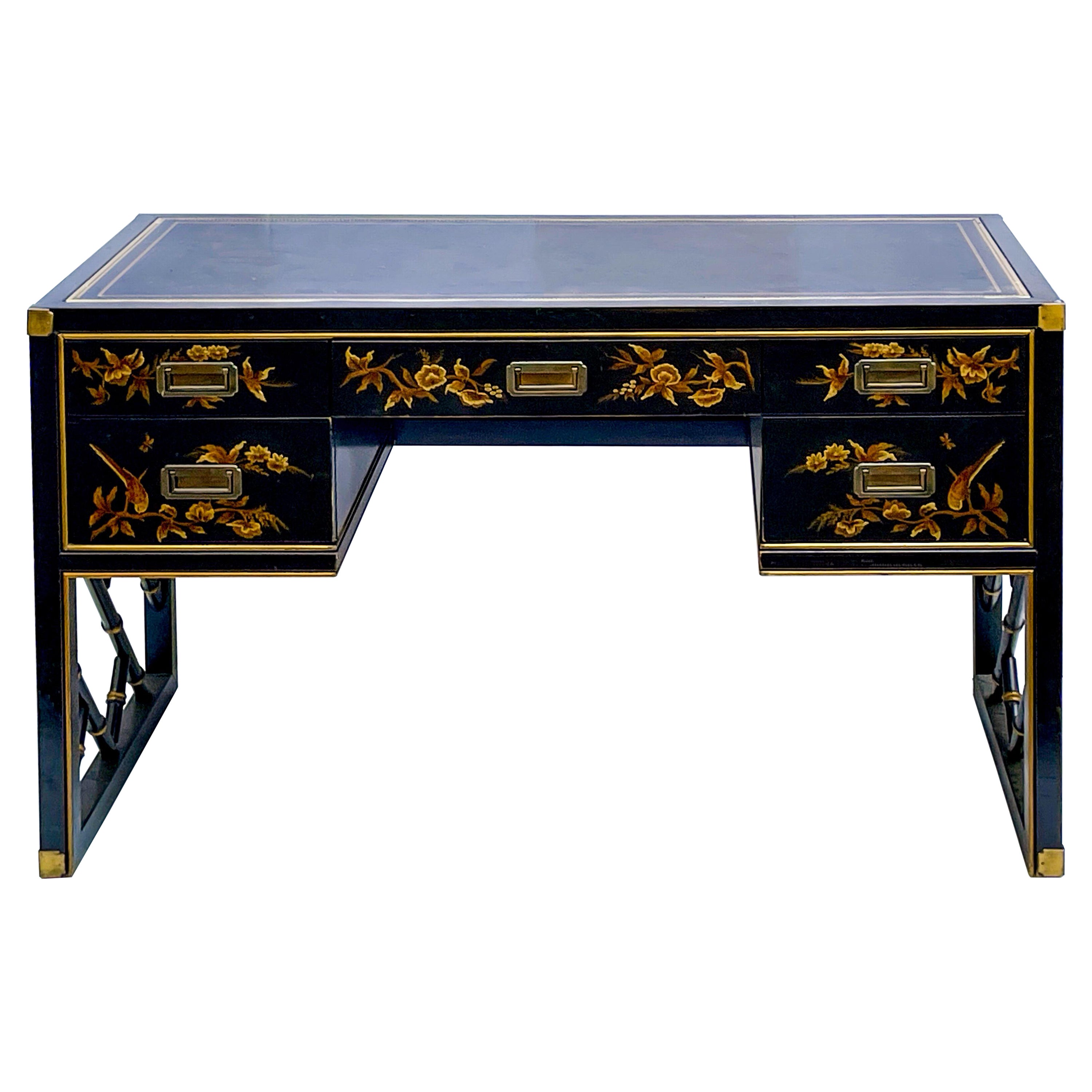 1970s Chinoiserie and Faux Bamboo Campaign Style Leather Top Desk by Sligh