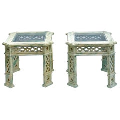 Chinese Chippendale Style Faux Marble Painted Side Tables Att. Tomlinson, Pair