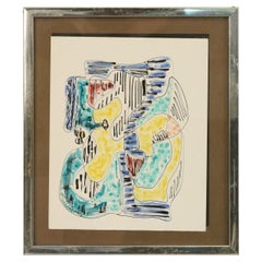 Vintage Silver Framed Abstract Multi-Colored Pen and Watercolor Painting