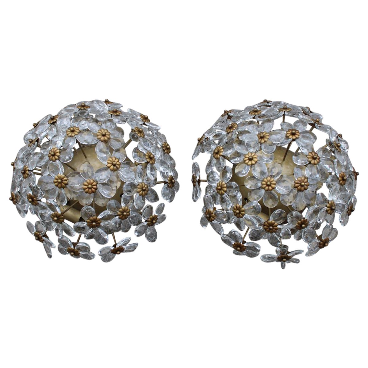 Round Pair of Bouque of Flowers in Crystal and Metal French Design, 1950s For Sale