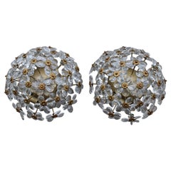 Round Pair of Bouque of Flowers in Crystal and Metal French Design, 1950s