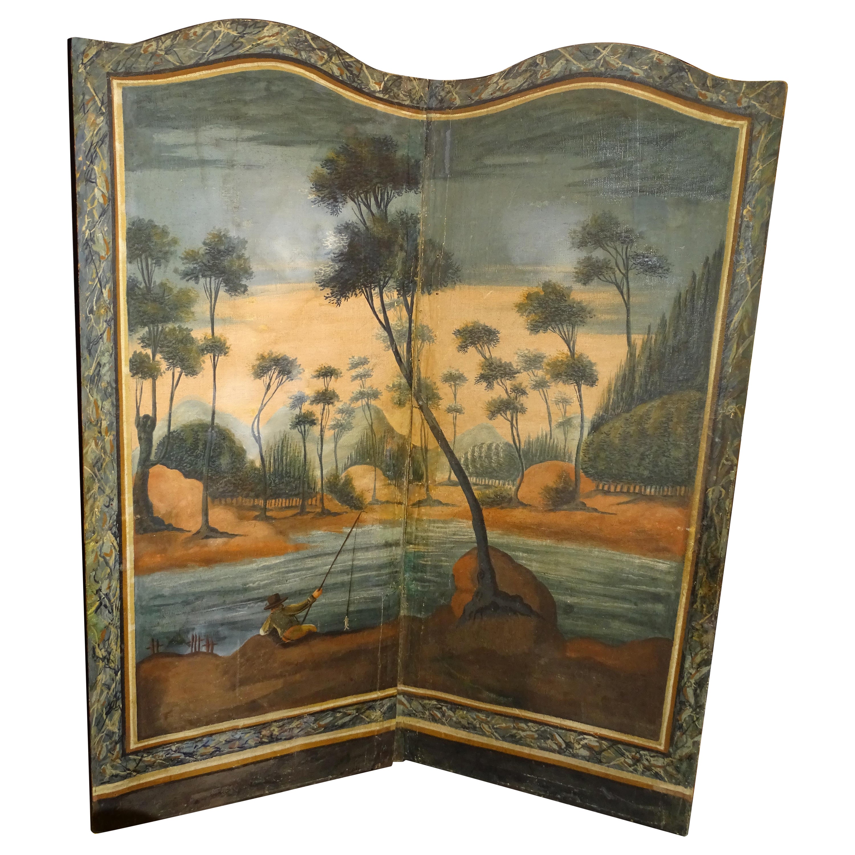 18th Century French Screen Oil on Canvas, Two Leaf, Landscape