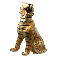 Vintage Large Italian Ceramic Sitting Tiger Statue Italy