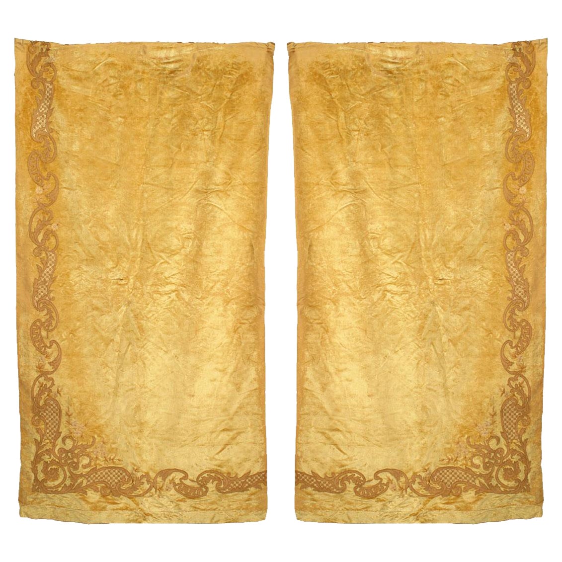 PAIRS OF METALLIC ANTIQUE MUSTARD GOLD GILT RETRO WAVES LINED EYELET CURTAINS 
