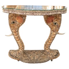 1970s French Conch Studded Console Table w/ Elephant Head Feet & Glass Top