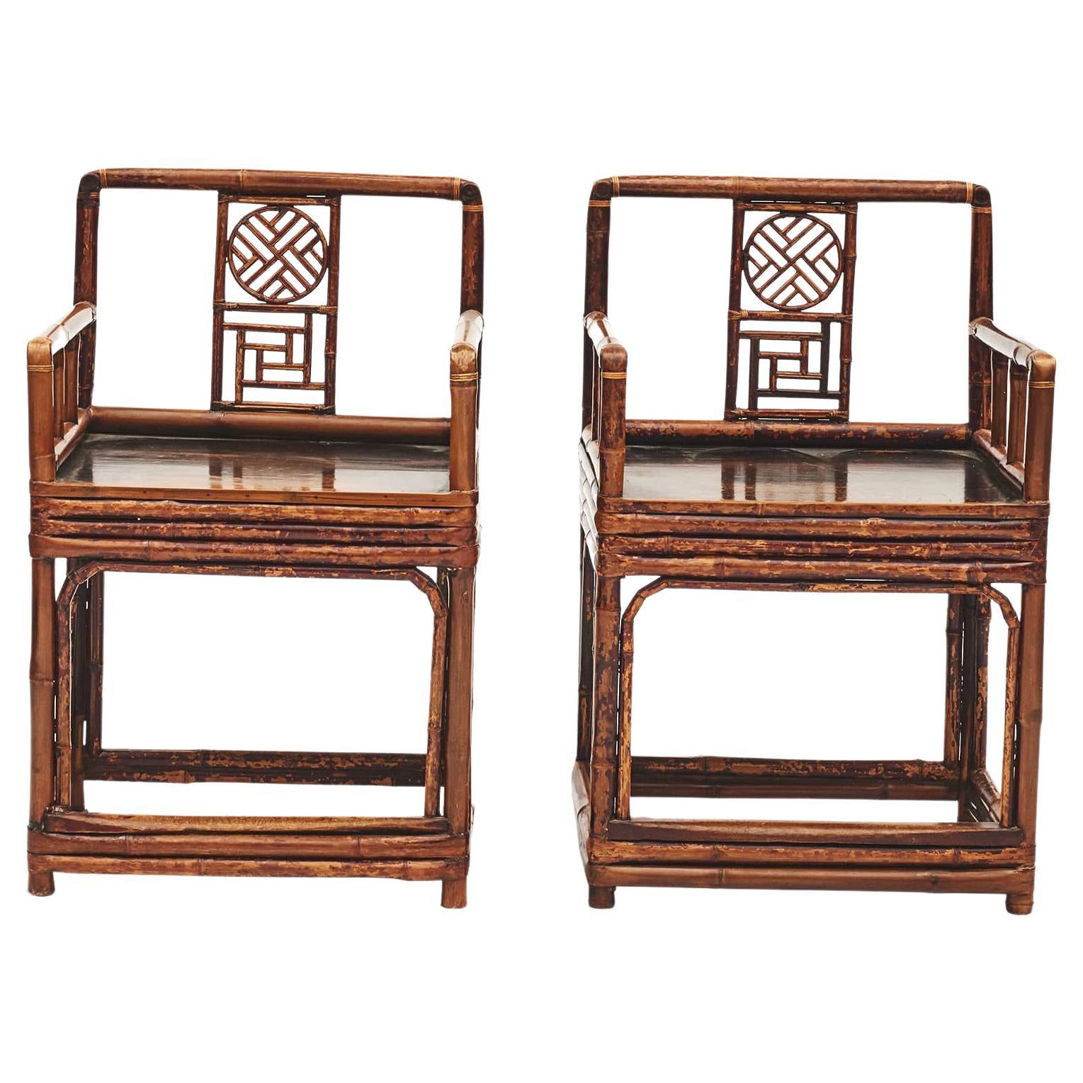Pair of 19th Century Chinese Bamboo Arm Chairs in Original Condition