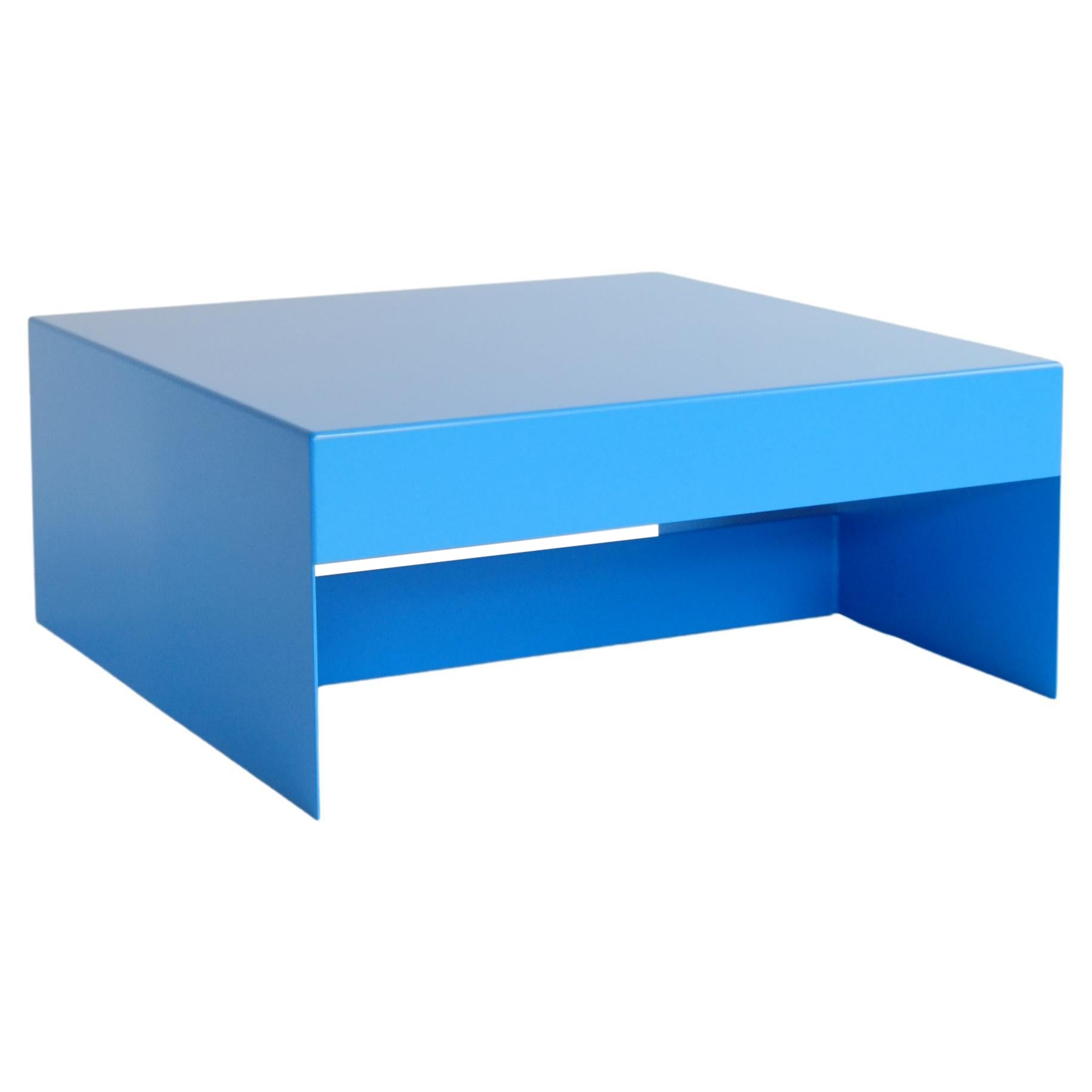 Table basse carrée en aluminium bleu, personnalisable, pour l'intérieur et l'extérieur.