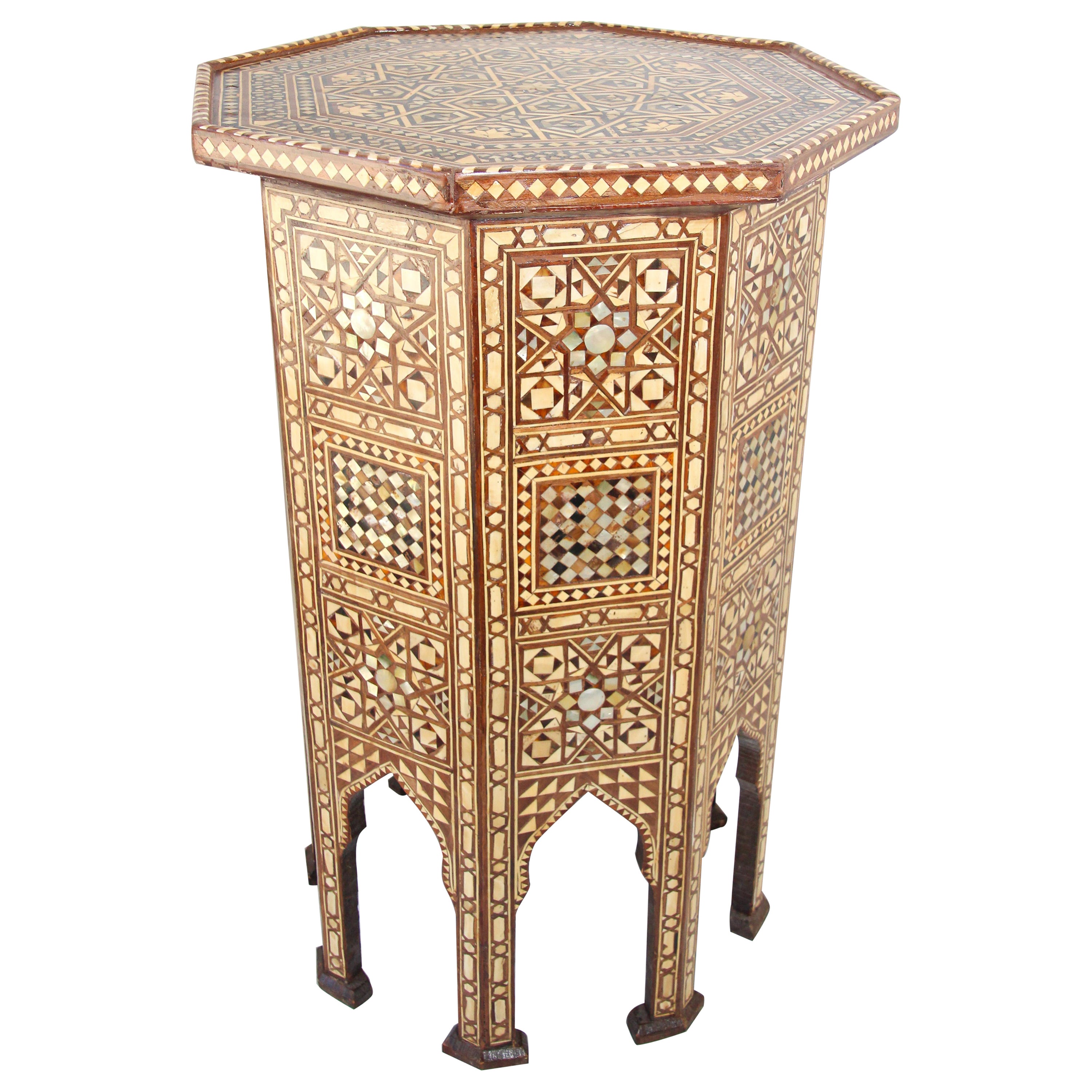 Moorish Handcrafted Octagonal Pedestal Table Inlaid with Mosaic Marquetry