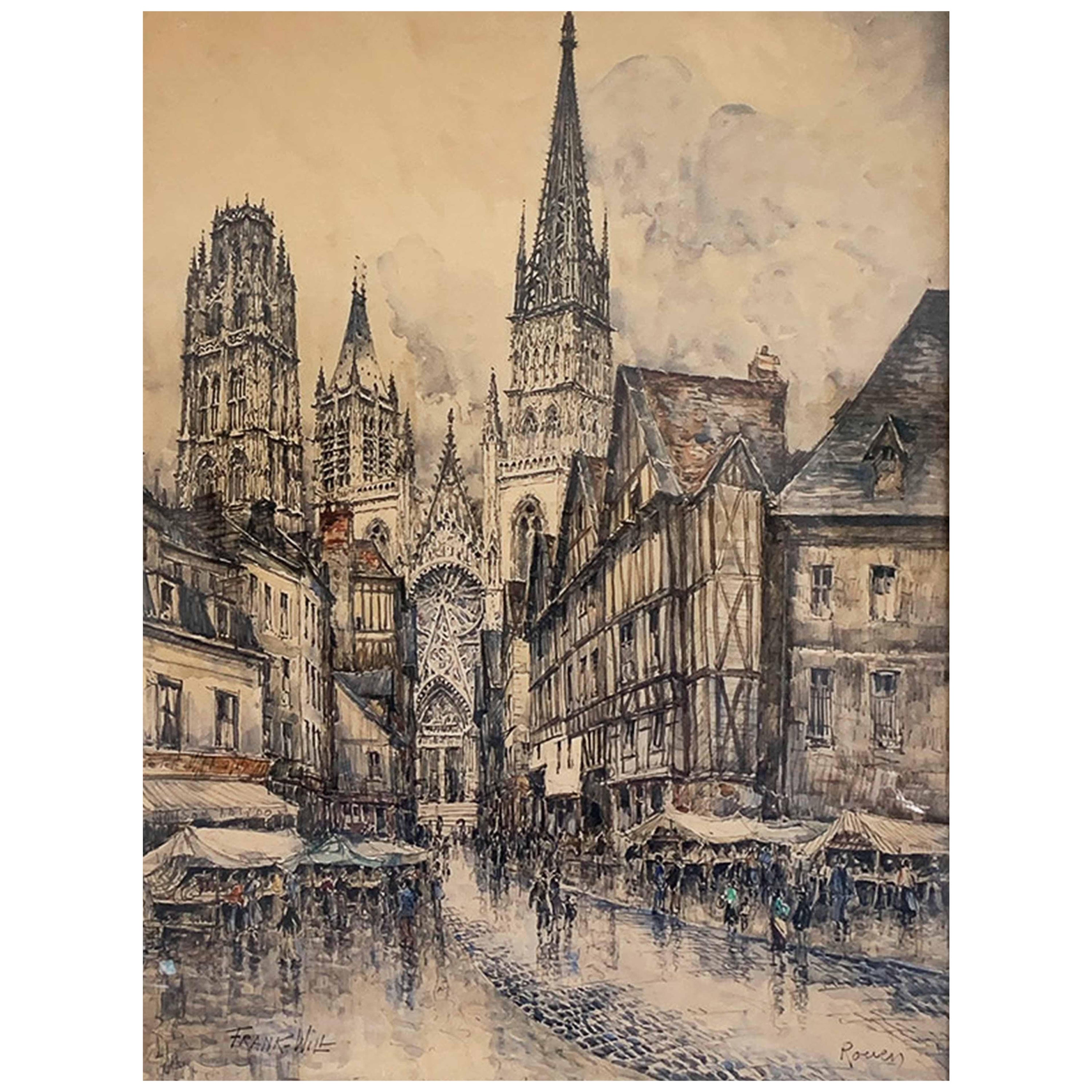 WILL Frank "Rouen", View of Notre-Dame, Watercolor For Sale