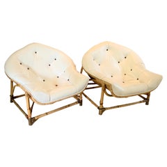 Pair of Rattan and Bamboo Lounge Chairs with Brass Sabots