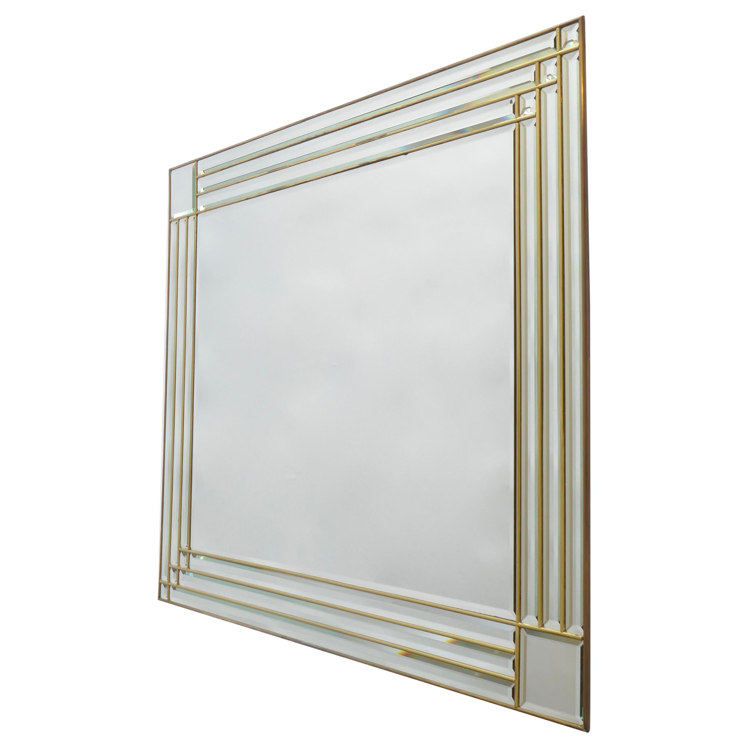 Large Rectangular Beveled Mirror with a Brass  Frame, Italy, 1970s